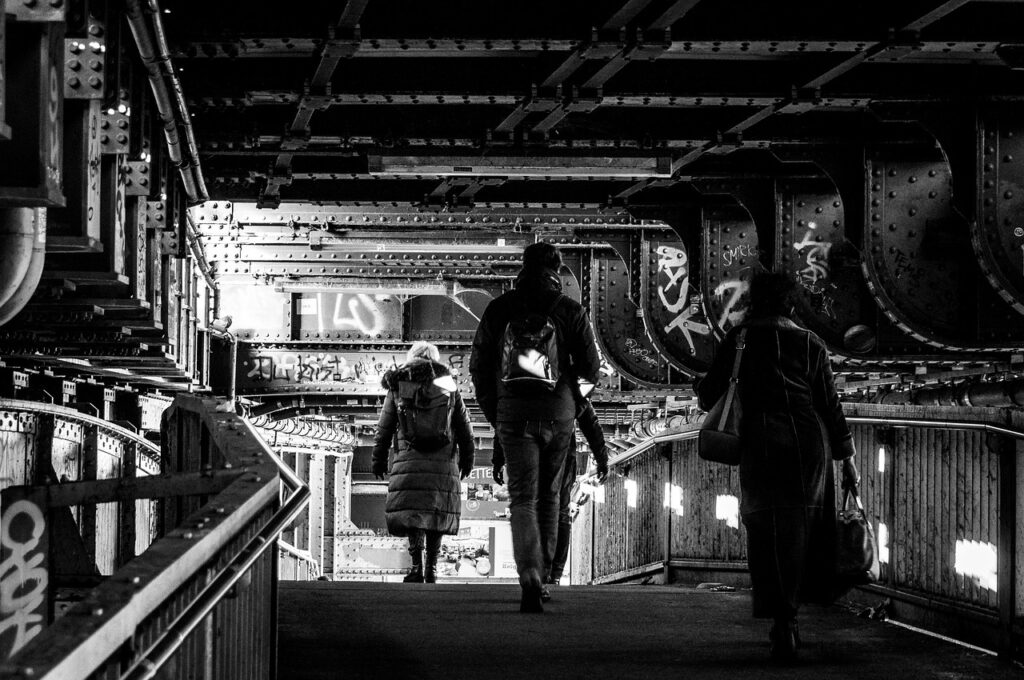 passage, urban, people, pedestrian, city, monochrome